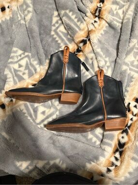 We the free Black Leather Ankle Boots with Tan Pull Tabs